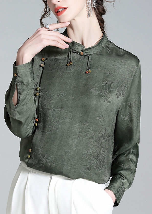 Organic Grey Green Stand Collar Jacquard Silk Shirt Long Sleeve AC3025