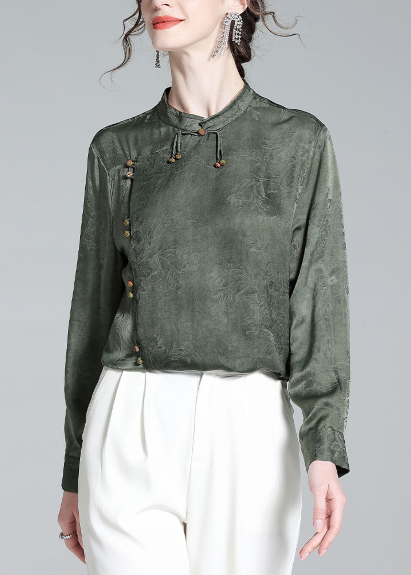 Organic Grey Green Stand Collar Jacquard Silk Shirt Long Sleeve AC3025
