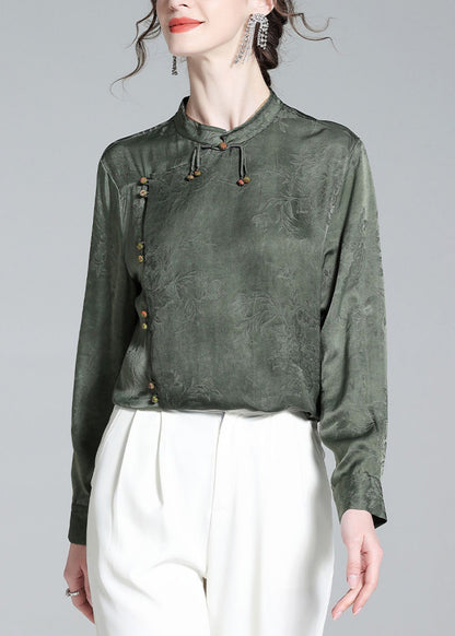 Organic Grey Green Stand Collar Jacquard Silk Shirt Long Sleeve AC3025