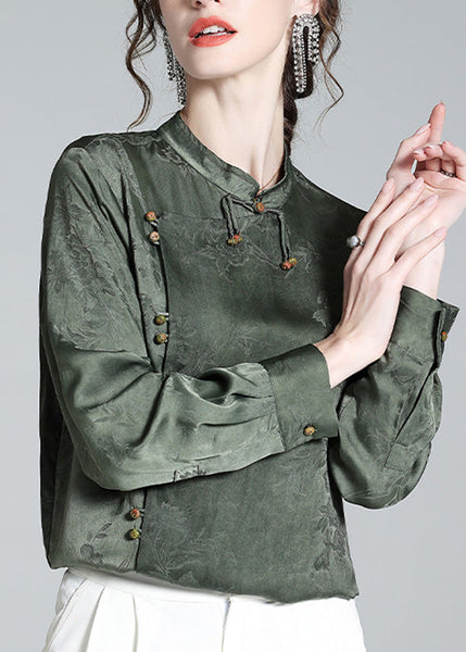 Organic Grey Green Stand Collar Jacquard Silk Shirt Long Sleeve LY0719