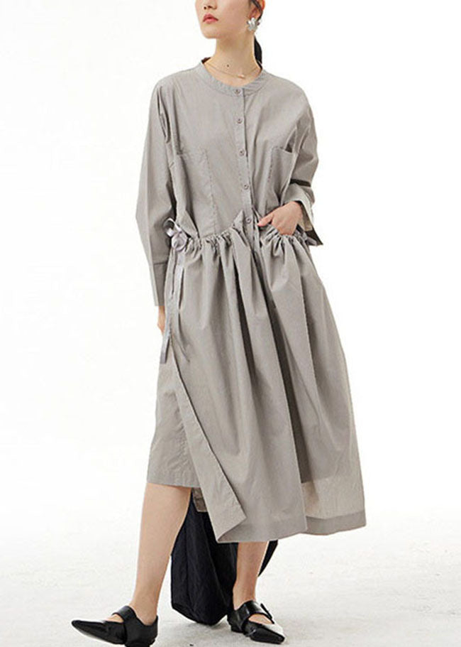 Organic Grey Pockets Wrinkled Patchwork Cotton  Dress Spring LY1170