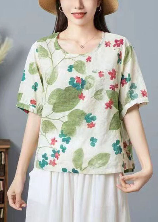 Organic Light Green O Neck Print Patchwork Cotton Top Summer TP1030