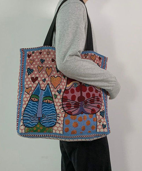 Organic Love Cats Print Patchwork Canvas Oversize Tote Handbag LY1388
