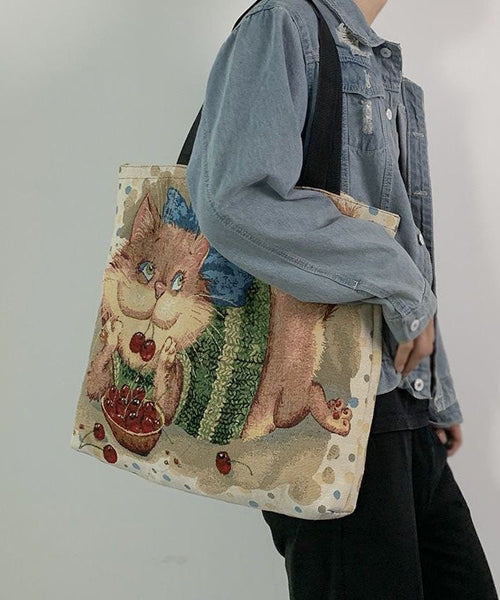 Organic Love Cats Print Patchwork Canvas Oversize Tote Handbag LY1388