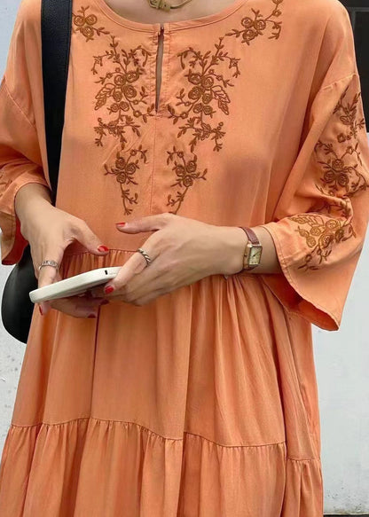 Organic Orange Embroideried Patchwork Cotton Dresses Summer LY1342