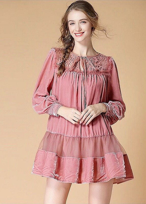 Organic Pink O Neck Patchwork Velour Dress Spring LY0010