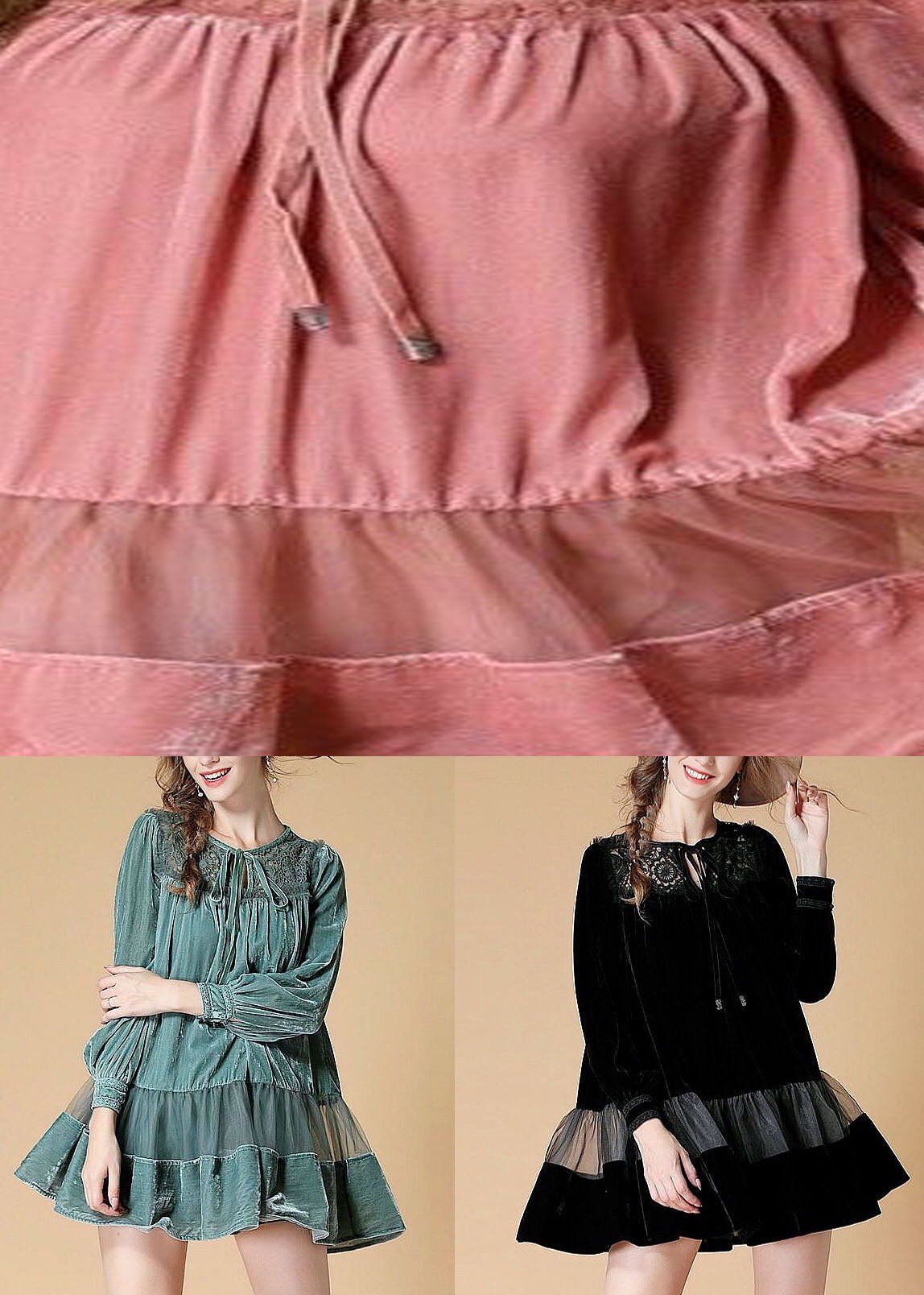 Organic Pink O Neck Patchwork Velour Dress Spring LY0010