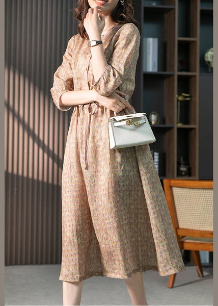 Organic Pink O-Neck Print Drawstring Linen Maxi Dresses Summer LY1761