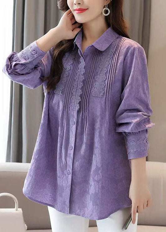 Organic Purple Embroideried Lace Patchwork Cotton Shirts Tops Spring TQ1022