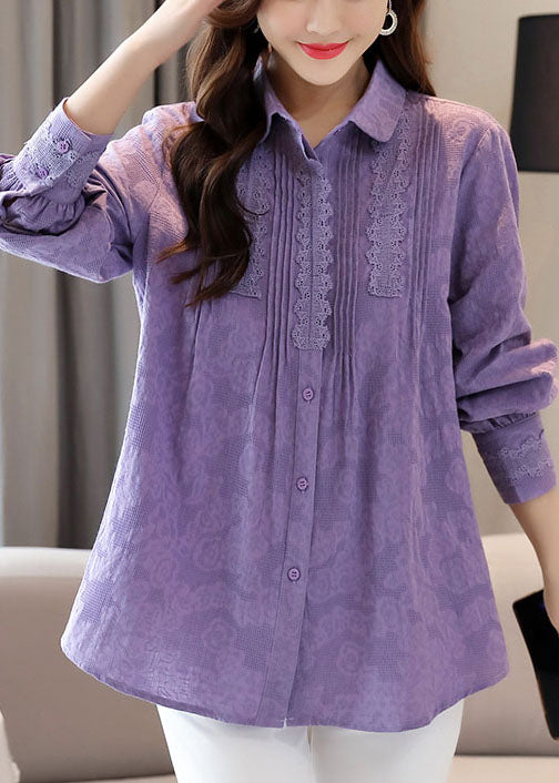 Organic Purple Embroideried Lace Patchwork Cotton Shirts Tops Spring TQ1022