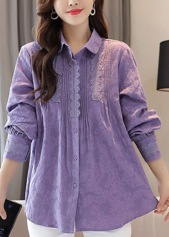 Organic Purple Embroideried Lace Patchwork Cotton Shirts Tops Spring TQ1022