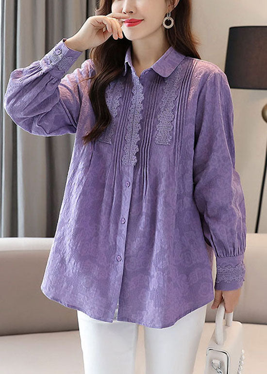 Organic Purple Embroideried Lace Patchwork Cotton Shirts Tops Spring TQ1022