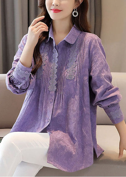 Organic Purple Embroideried Lace Patchwork Cotton Shirts Tops Spring TQ1022