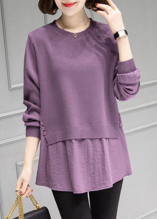 Organic Purple O-Neck Patchwork Thick Knit Sweater Fall HA1010