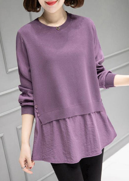 Organic Purple O-Neck Patchwork Thick Knit Sweater Fall HA1010