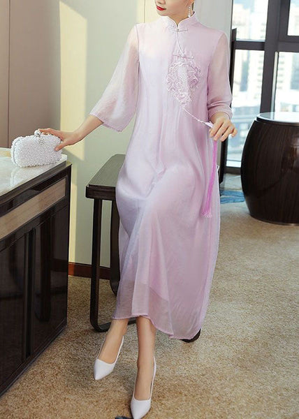 Organic Purple Tasseled Embroideried Patchwork Silk Dress Summer LY1677