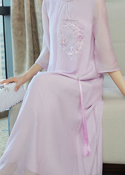 Organic Purple Tasseled Embroideried Patchwork Silk Dress Summer LY1677