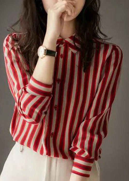 Organic Red Peter Pan Collar Striped Button Low High Design Chiffon Shirts Long Sleeve LY0382