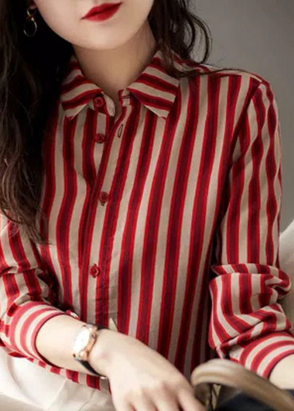 Organic Red Peter Pan Collar Striped Button Low High Design Chiffon Shirts Long Sleeve LY0382