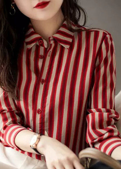 Organic Red Peter Pan Collar Striped Button Low High Design Chiffon Shirts Long Sleeve LY0382