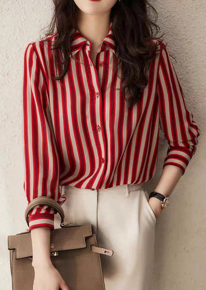 Organic Red Peter Pan Collar Striped Button Low High Design Chiffon Shirts Long Sleeve LY0382