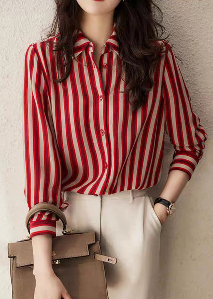 Organic Red Peter Pan Collar Striped Button Low High Design Chiffon Shirts Long Sleeve LY0382