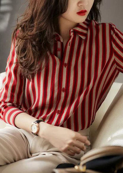 Organic Red Peter Pan Collar Striped Button Low High Design Chiffon Shirts Long Sleeve LY0382