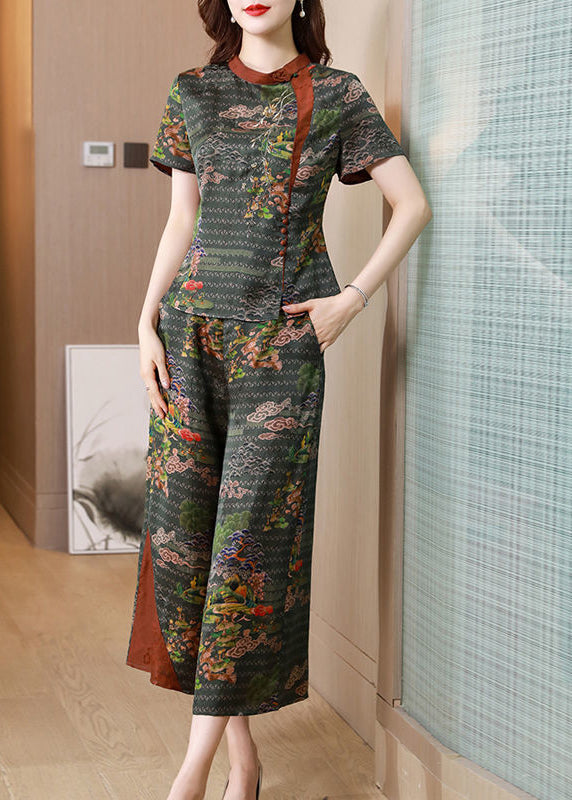 Organic Tea Green Stand Collar Patchwork Print Slim Fit Silk Two Pieces Set Summer LY0699