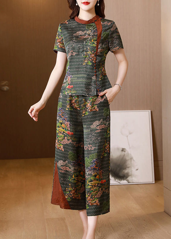 Organic Tea Green Stand Collar Patchwork Print Slim Fit Silk Two Pieces Set Summer LY0699