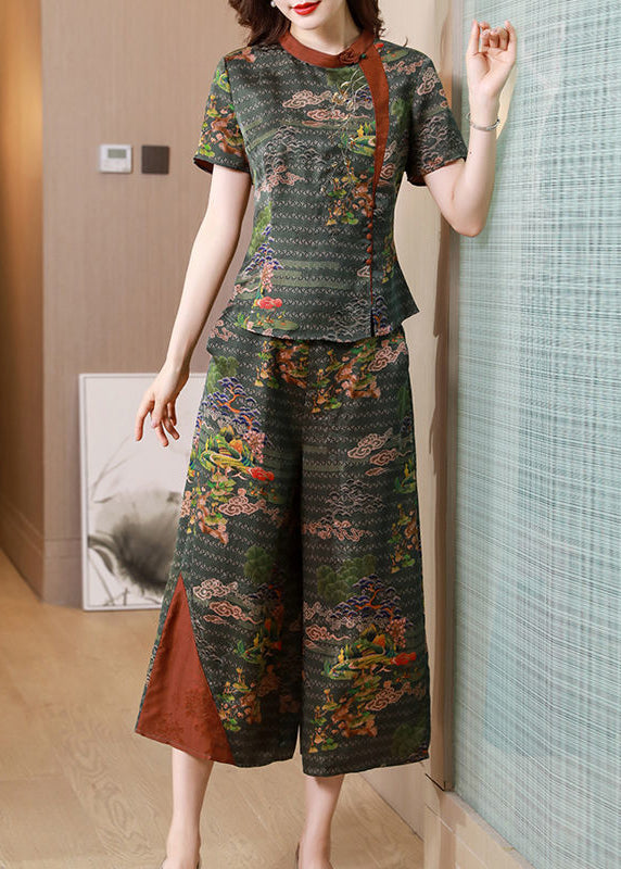 Organic Tea Green Stand Collar Patchwork Print Slim Fit Silk Two Pieces Set Summer LY0699