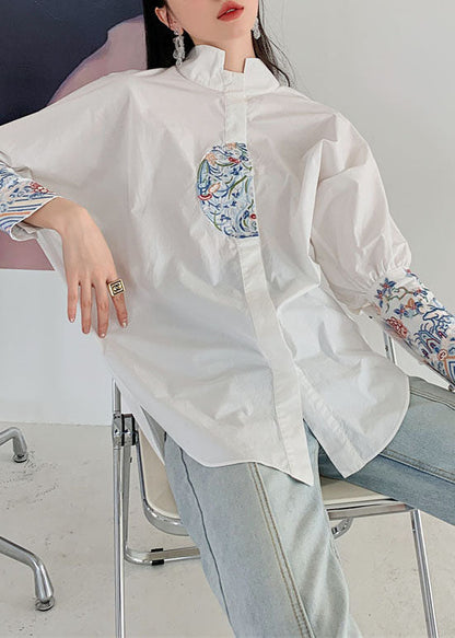 Organic White Embroideried Patchwork Cotton Shirt Spring LY0756