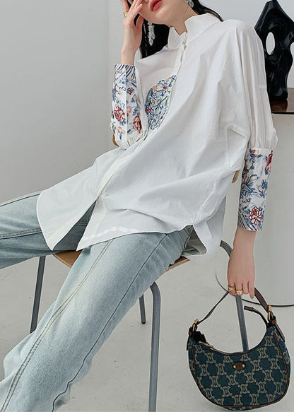 Organic White Embroideried Patchwork Cotton Shirt Spring LY0756