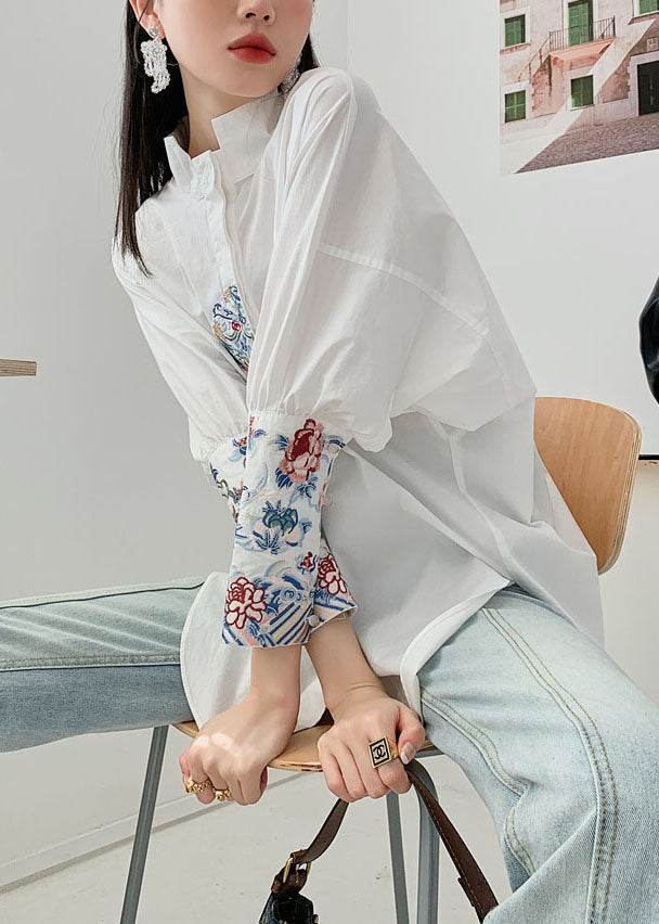 Organic White Embroideried Patchwork Cotton Shirt Spring LY0756