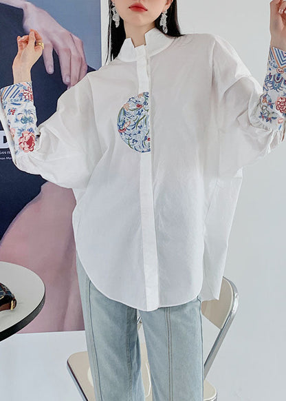 Organic White Embroideried Patchwork Cotton Shirt Spring LY0756