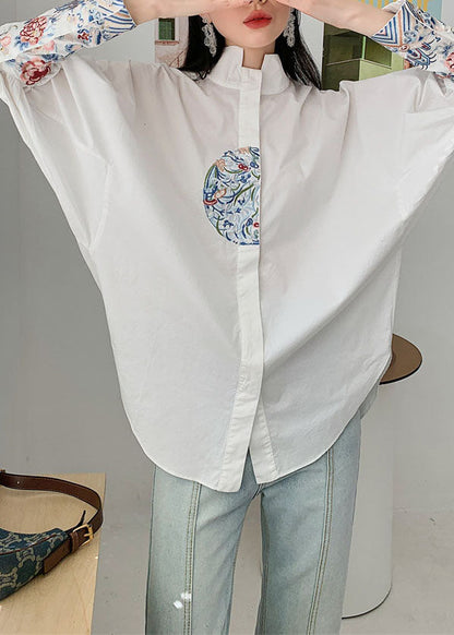 Organic White Embroideried Patchwork Cotton Shirt Spring LY0756