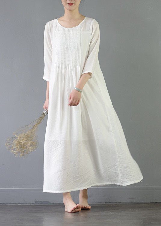 Organic White O Neck Wrinkled Patchwork Long Cotton Dress Spring LC0434