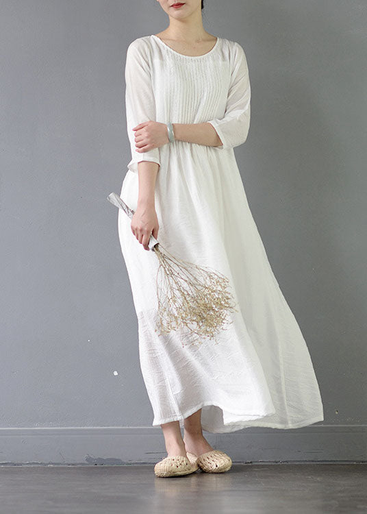 Organic White O Neck Wrinkled Patchwork Long Cotton Dress Spring LC0434