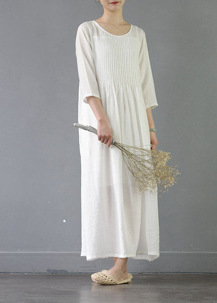 Organic White O Neck Wrinkled Patchwork Long Cotton Dress Spring LC0434