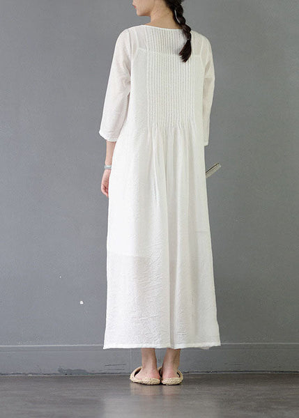 Organic White O Neck Wrinkled Patchwork Long Cotton Dress Spring LC0434