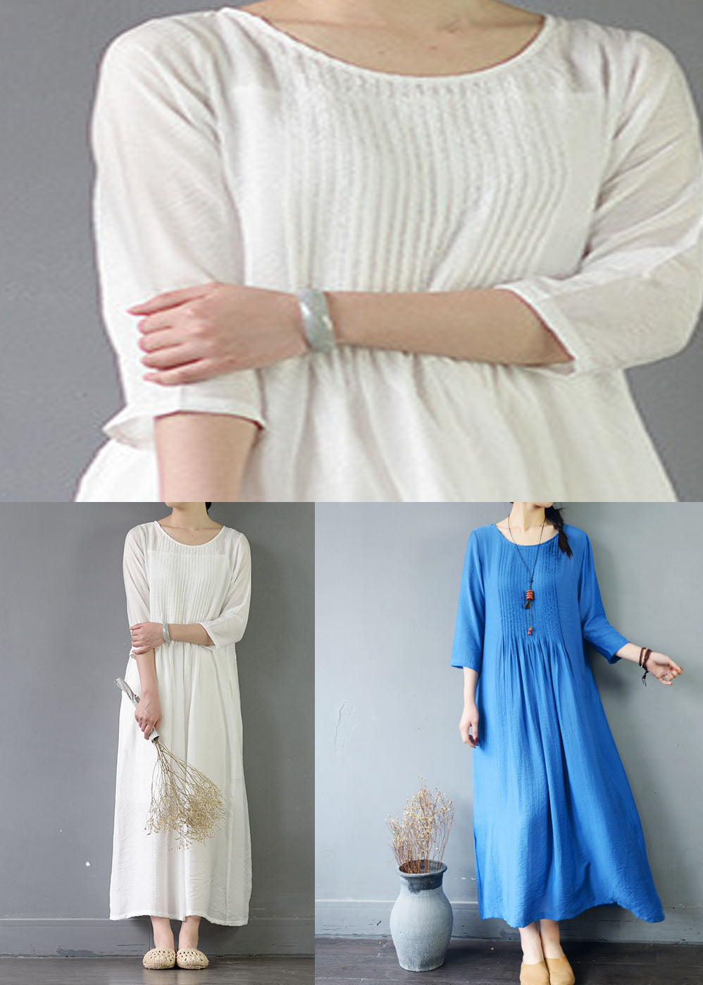 Organic White O Neck Wrinkled Patchwork Long Cotton Dress Spring LC0434