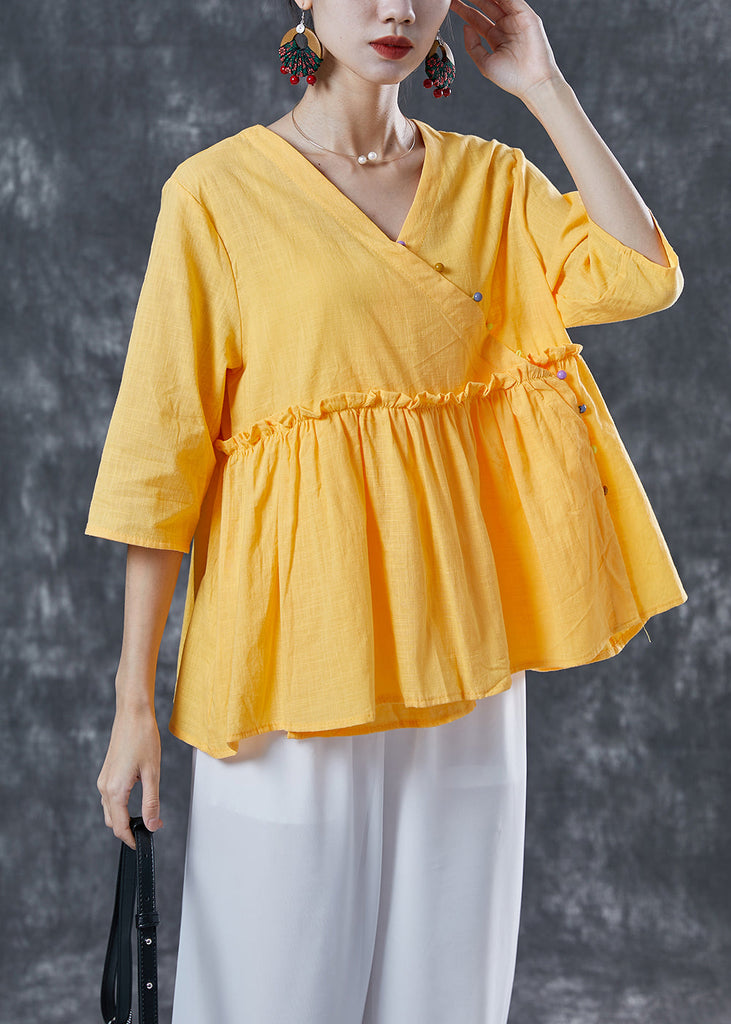 Organic Yellow Ruffled Exra Large Hem Cotton Shirt Top Summer TA1060