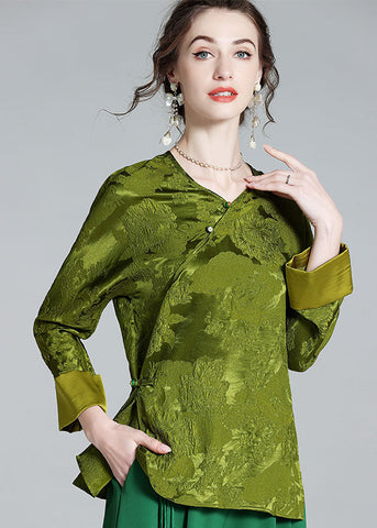 Oriental Green V Neck Jacquard Patchwork Silk Shirt Tops Spring LY1023