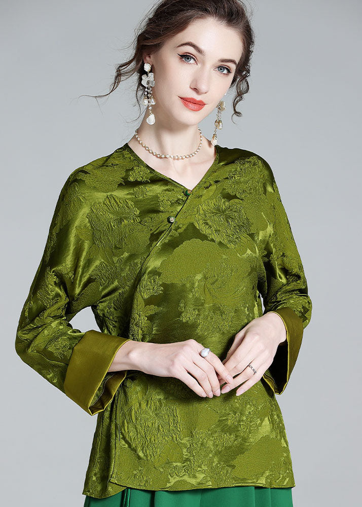 Oriental Green V Neck Jacquard Patchwork Silk Shirt Tops Spring LY1023