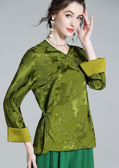 Oriental Green V Neck Jacquard Patchwork Silk Shirt Tops Spring LY1023