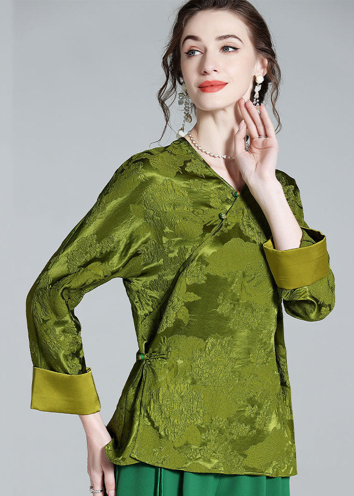 Oriental Green V Neck Jacquard Patchwork Silk Shirt Tops Spring LY1023