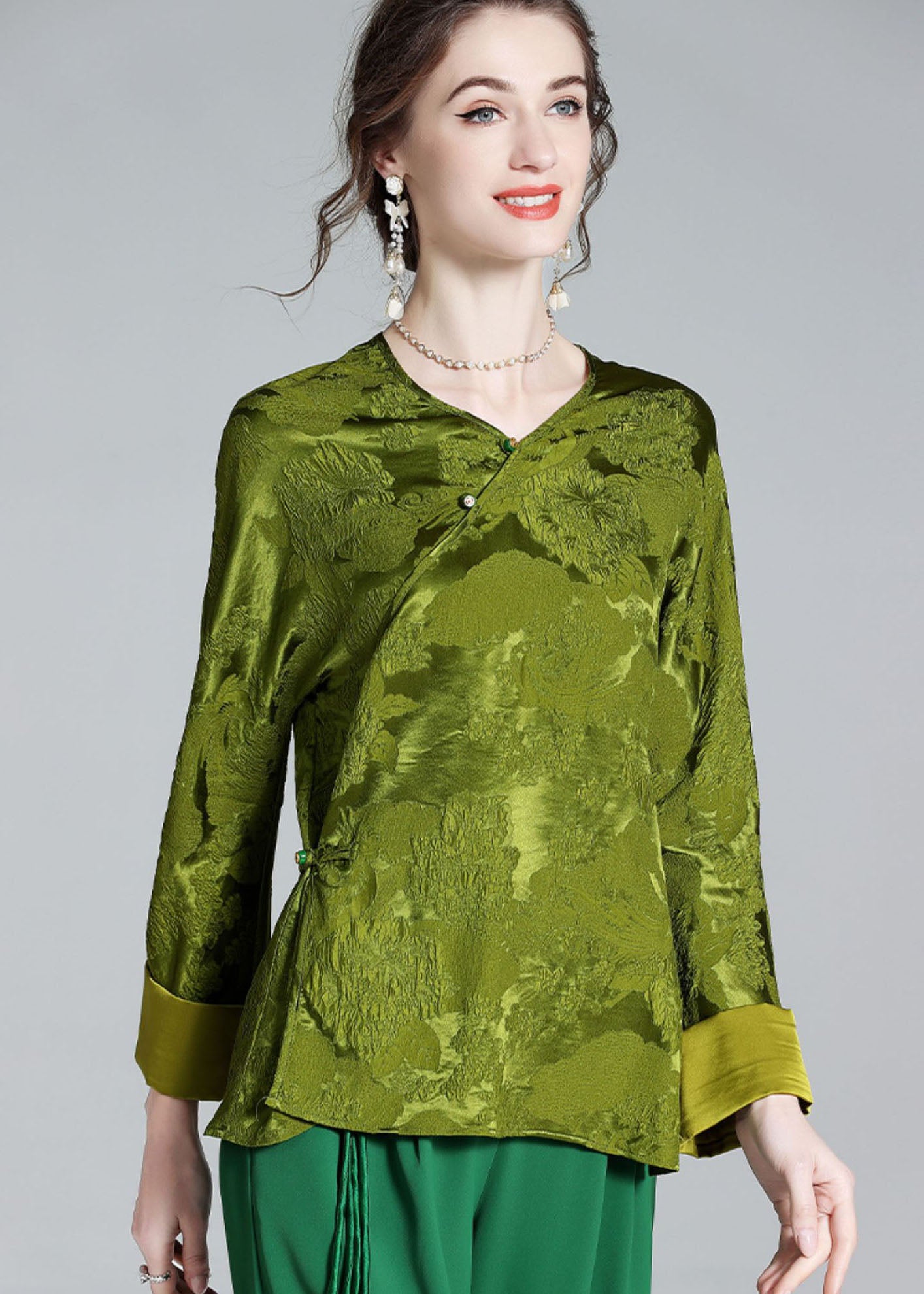 Oriental Green V Neck Jacquard Patchwork Silk Shirt Tops Spring LY1023