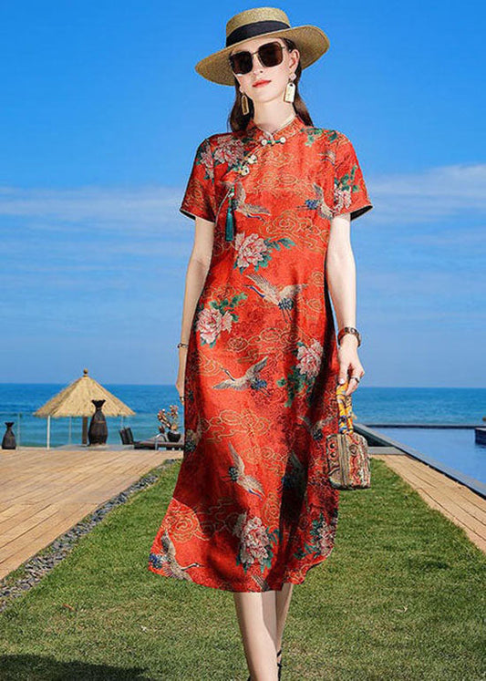 Oriental Orange Stand Collar Tasseled Print Silk Dresses Summer LC0222