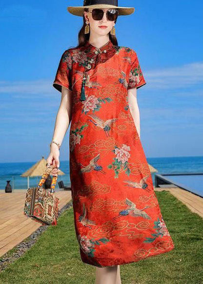 Oriental Orange Stand Collar Tasseled Print Silk Dresses Summer LC0222