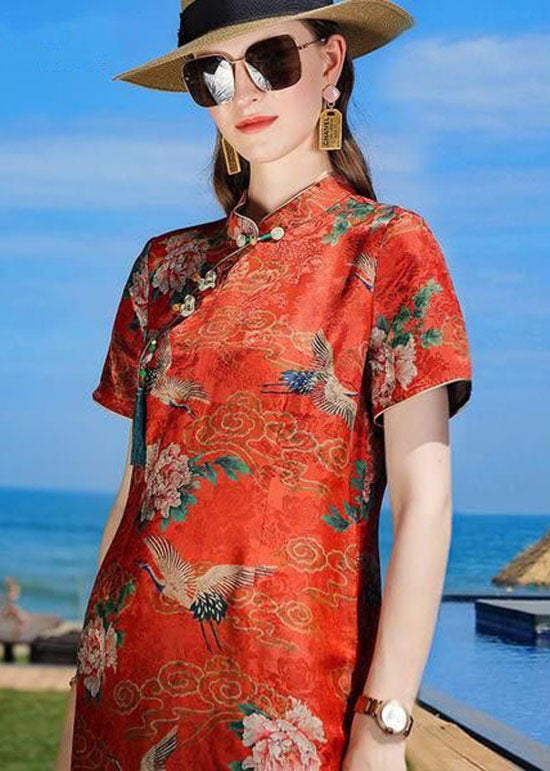 Oriental Orange Stand Collar Tasseled Print Silk Dresses Summer LC0222