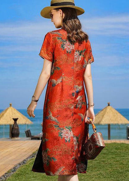 Oriental Orange Stand Collar Tasseled Print Silk Dresses Summer LC0222